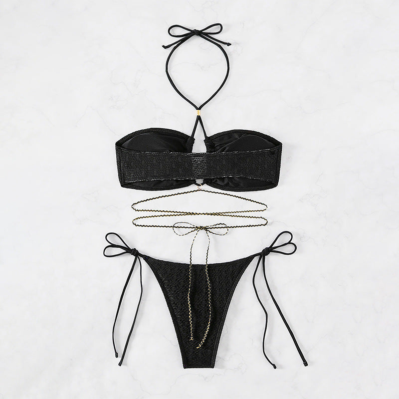 Damen Bandeau-Bikini mit verstellbaren Bindebändern und goldenen Akzenten EB