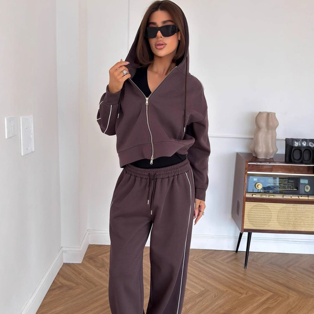 Damen Lässiges zweiteiliges Lounge-Set mit oversized Zipjacke und weitem Kordelzug-Hosenbund EB