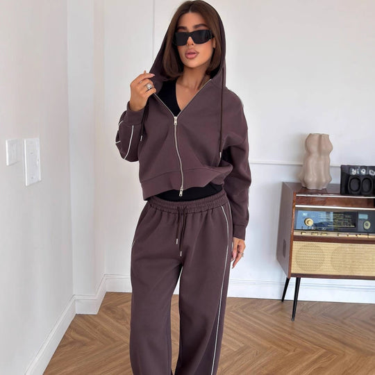 Damen Lässiges zweiteiliges Lounge-Set mit oversized Zipjacke und weitem Kordelzug-Hosenbund EB