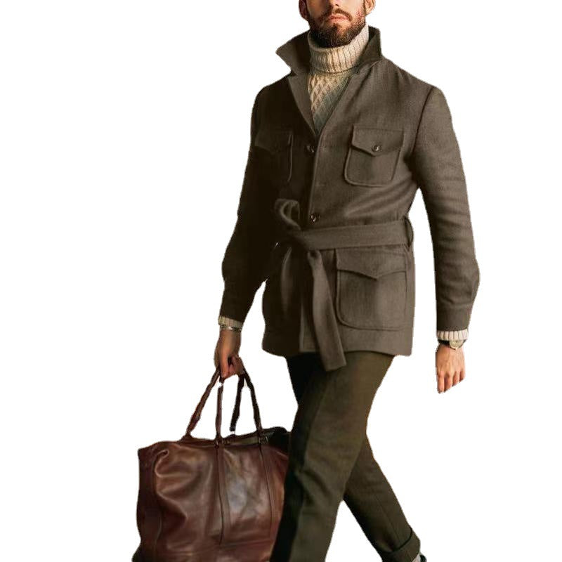 Herren multifunktionale Wool-Jacke mit Gürtel und Taschen EB