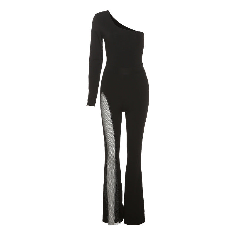 Damen edler Sport-Jumpsuit mit asymmetrischem Schnitt und Mesh-Einsätzen EB
