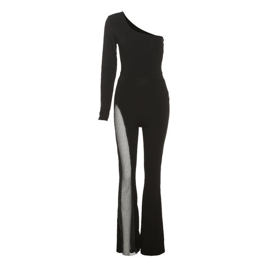 Damen edler Sport-Jumpsuit mit asymmetrischem Schnitt und Mesh-Einsätzen EB