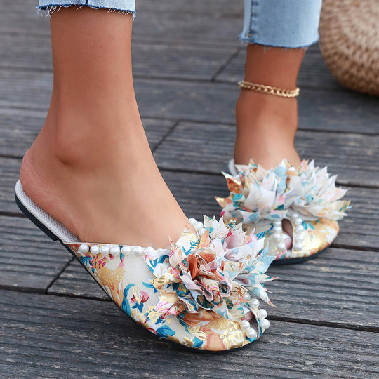 Damen Pantoletten mit floralem Design und eleganten Perlen EB