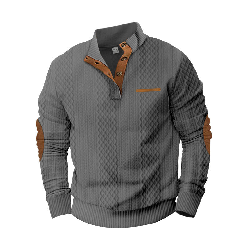 Herren nan strukturierter Strickpullover mit Stehkragen, Knopfleiste und Ellenbogenpatches EB