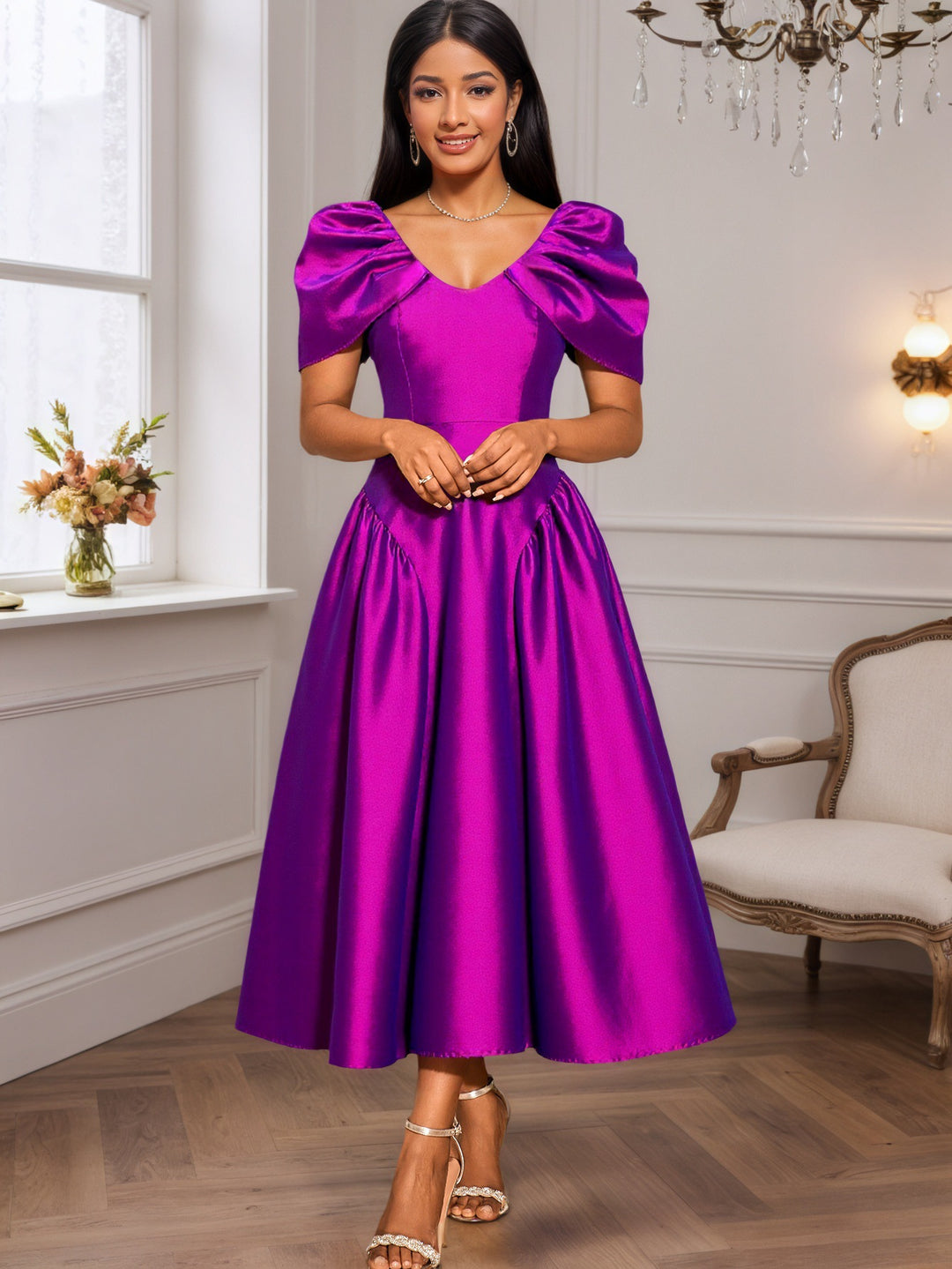 Damen elegantes Midikleid mit voluminösen Puffärmeln und schwingendem Rock EB
