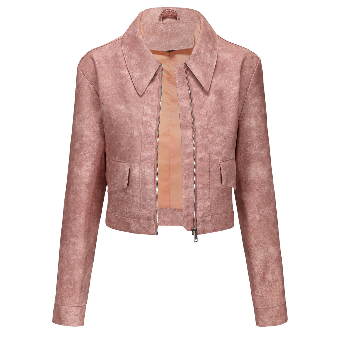 Damen modische cropped Kunstlederjacke mit klassischem Wellenkragen EB