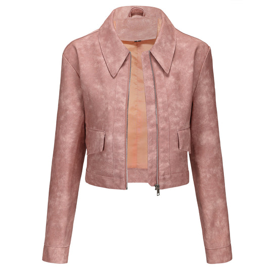 Damen modische cropped Kunstlederjacke mit klassischem Wellenkragen EB
