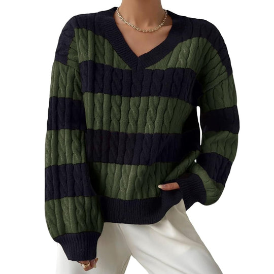 Damen V-Ausschnitt Strickpullover mit Rippstruktur und langen Ärmeln EB
