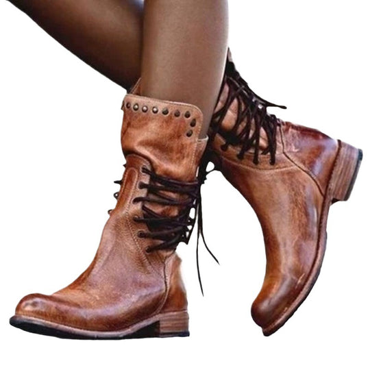 Damen Modische Stiefeletten mit dekorativen Schnür- und Nieten-Details EB