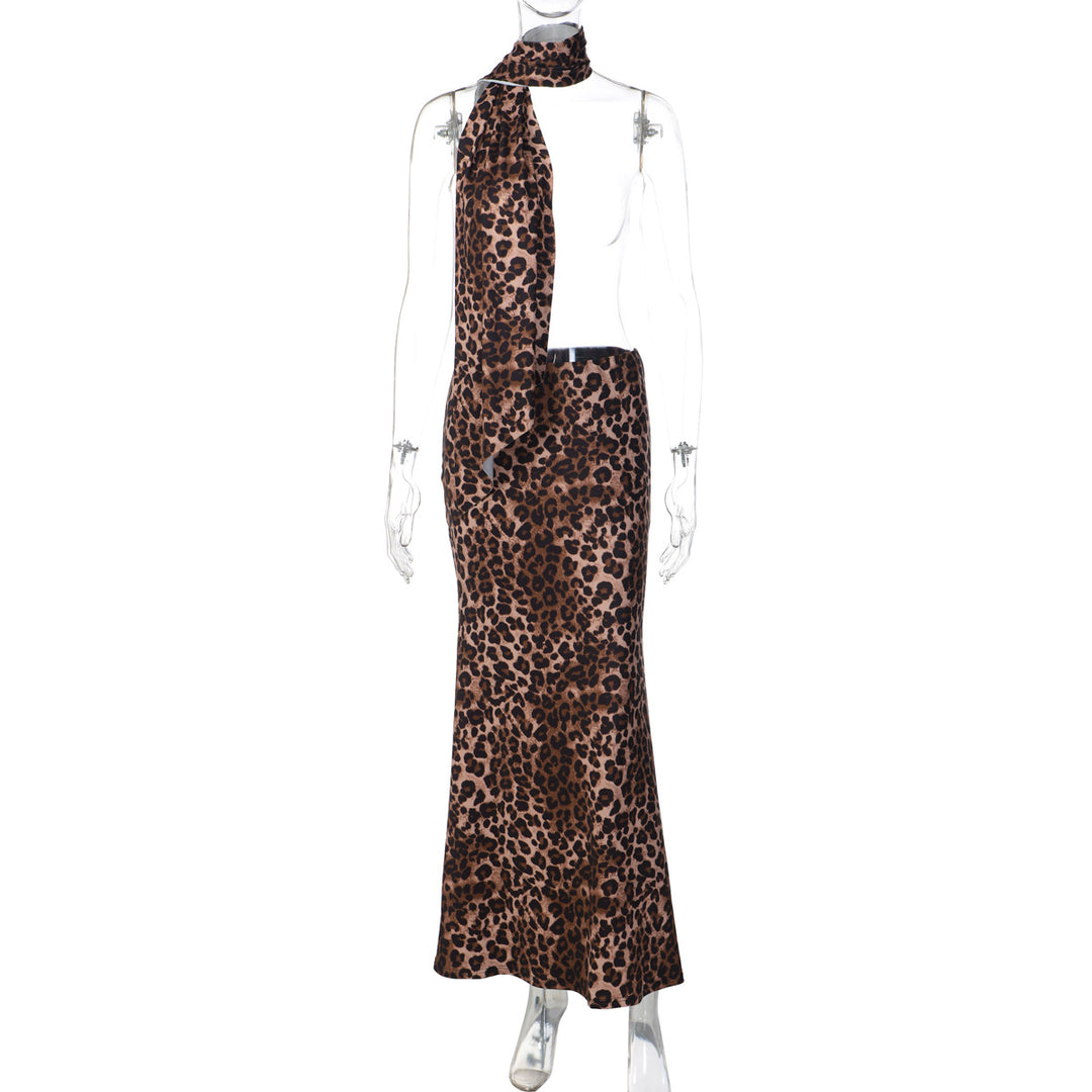 Damen Maxikleid mit trendigem Leopardenmuster und schickem Schal EB
