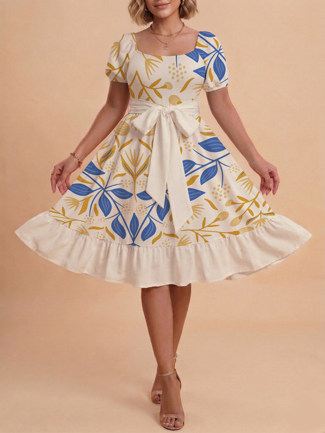 Damen A-Linien-Kleid mit floralen Motiven und taillierbarem Gürtel EB