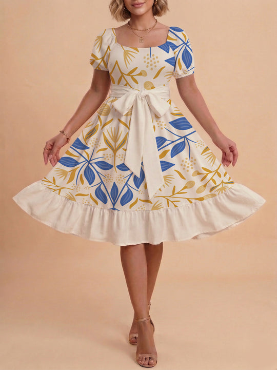 Damen A-Linien-Kleid mit floralen Motiven und taillierbarem Gürtel EB