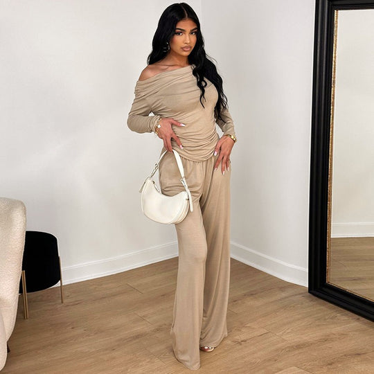 Damen elegantes Zweiteiliges Set aus fließendem Material mit asymmetrischem Design EB