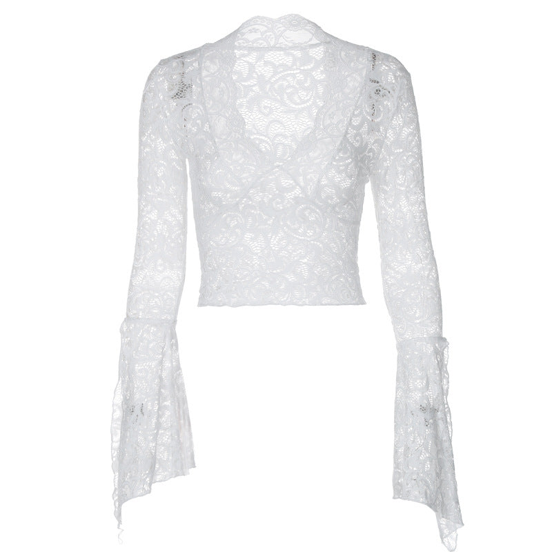 Damen Spitzenbluse mit voluminösen Glockenärmeln und V-Ausschnitt EB