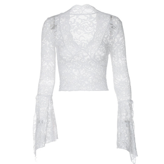 Damen Spitzenbluse mit voluminösen Glockenärmeln und V-Ausschnitt EB