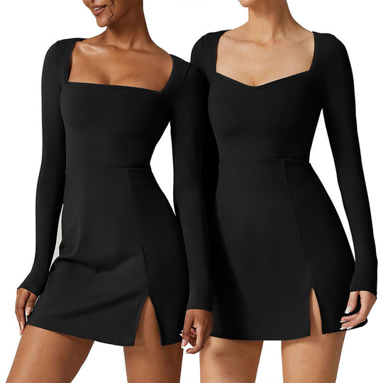 Damen elegantes Minikleid mit tiefem Herzausschnitt und langen Ärmeln EB
