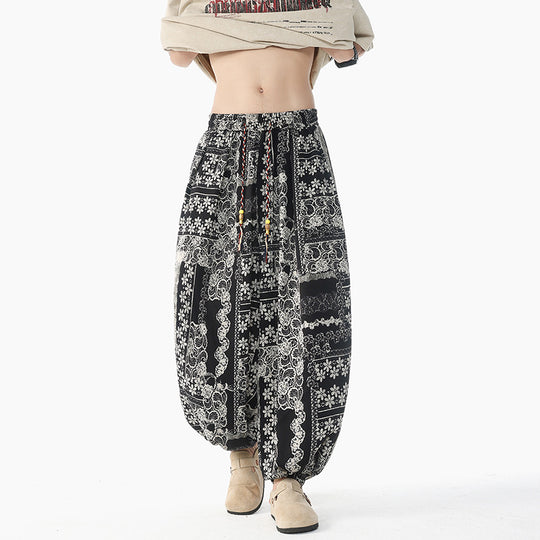 Damen nan lässige Pluderhose im Ethno-Print mit elastischem Bund, Kordelzug und gesmokten Bündchen EB