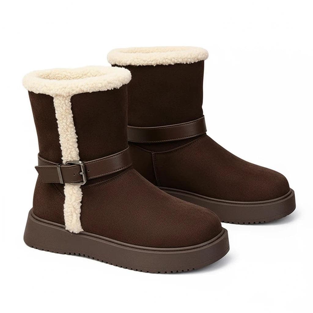 Damen Modische und warme Stiefel mit kuscheligem Innenfutter und praktischer Schnalle EB
