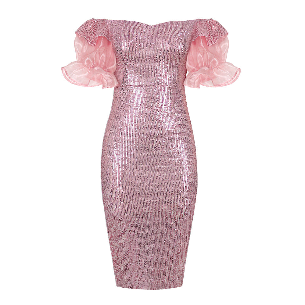 Damen Glitzerndes Cocktailkleid mit schulterfreiem Design und voluminösen Puffärmeln EB
