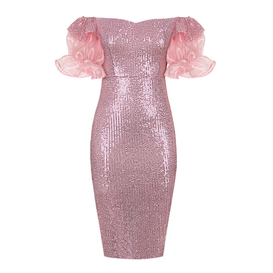 Damen Glitzerndes Cocktailkleid mit schulterfreiem Design und voluminösen Puffärmeln EB