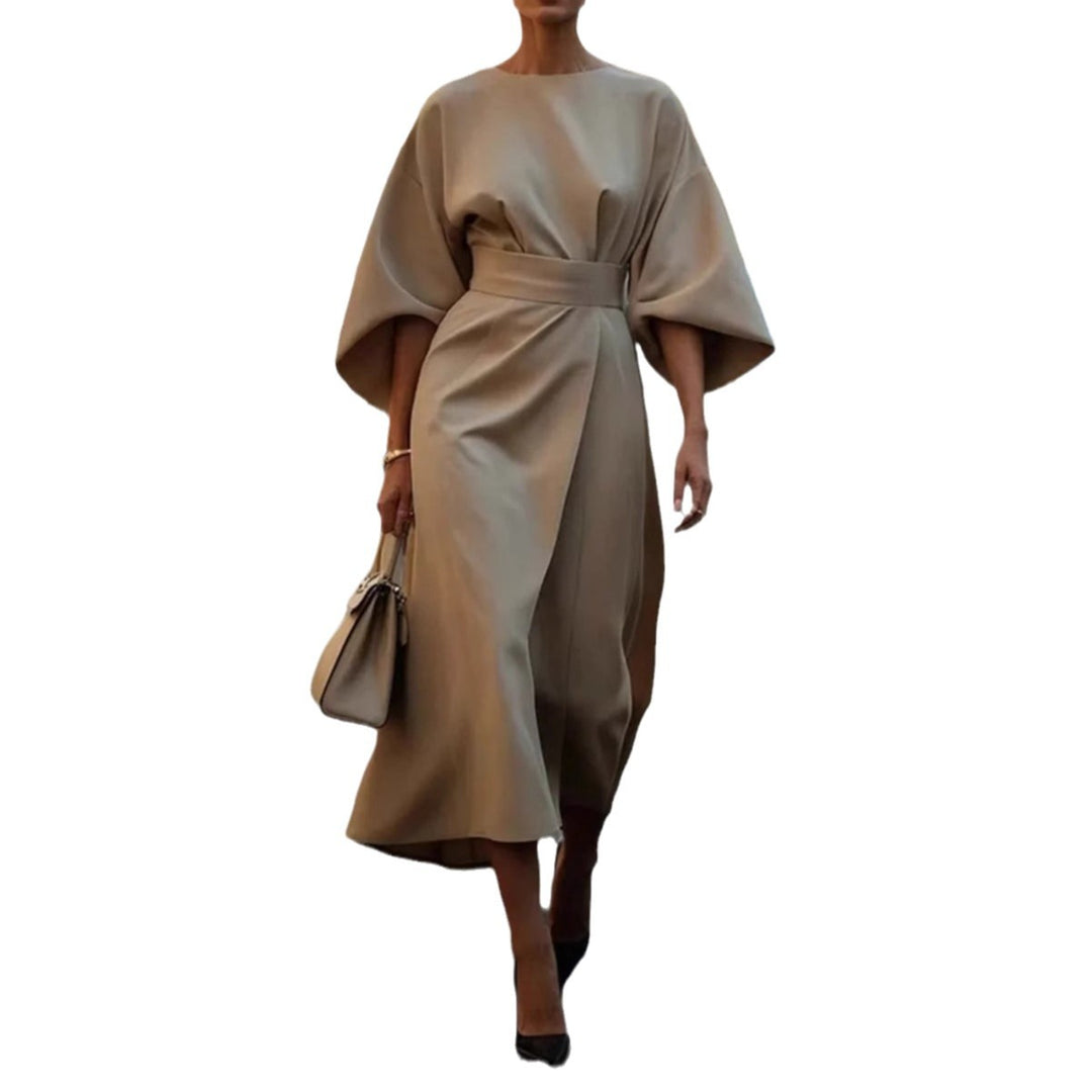 Damen Elegant geschnittenes Maxikleid mit Puffärmeln und tailliertem Gürtel EB