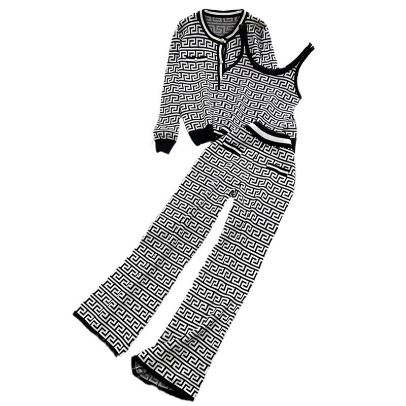 Damen modisches Strick-Loungewear-Set mit geometrischem Muster und Cardigan EB
