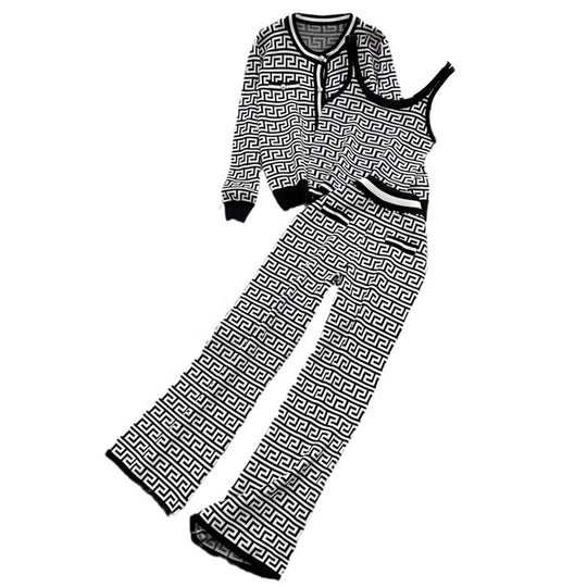 Damen modisches Strick-Loungewear-Set mit geometrischem Muster und Cardigan EB