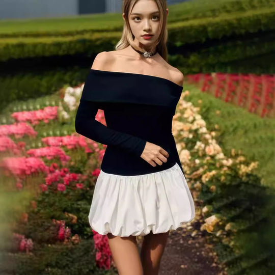 Damen Off-Shoulder Minikleid mit langen Ärmeln und elegantem Rüschensaum EB