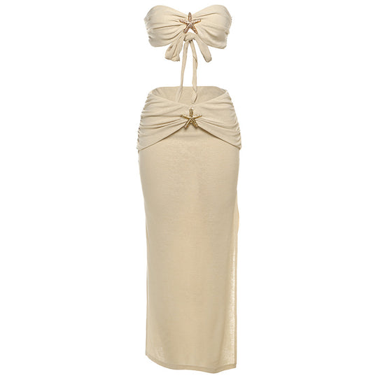 Damen Crop-Top und Maxirock Set mit eleganten Drapierungen und schimmernden Akzenten EB