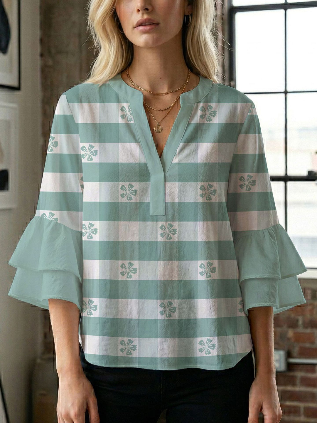 Damen Blusenshirt mit voluminösen Ärmeln und kreativem Druckdesign EB