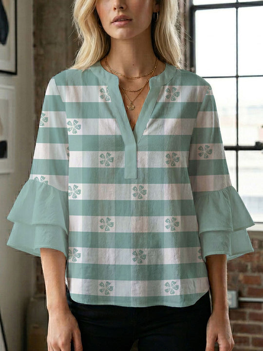 Damen Blusenshirt mit voluminösen Ärmeln und kreativem Druckdesign EB