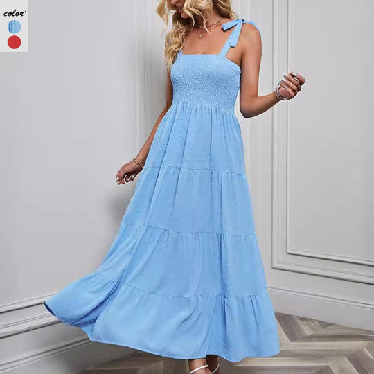 Damen Maxikleid im festlichen Boho-Stil mit schmalen Trägern und elastischem Oberteil EB