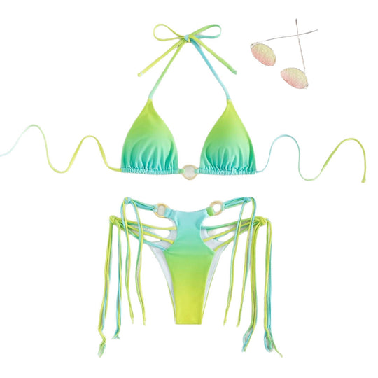 Damen Triangel-Bikini mit modischen Schnüroptik und schimmernden Ringdetails EB