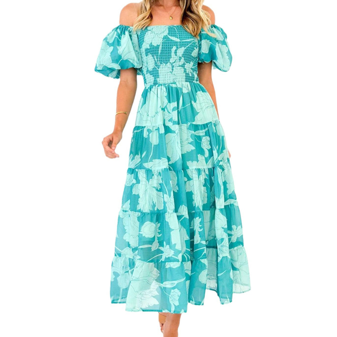 Damen Maxikleid mit elastischem Bustier und voluminösen Puffärmeln EB
