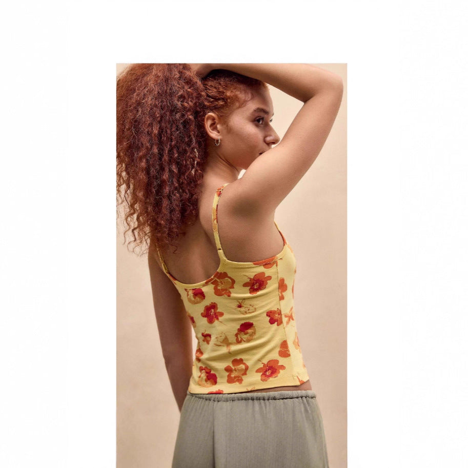 Damen florales Spaghetti-Top mit Spitzenrand EB