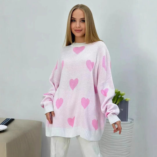 Damen Oversize Strickpullover mit Herz‑Motiv, Rippbündchen & weiter Silhouette EB