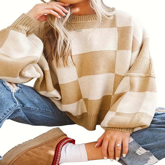 Damen lässiger kariert Pullover mit weiten Ärmeln und Rundhalsausschnitt EB