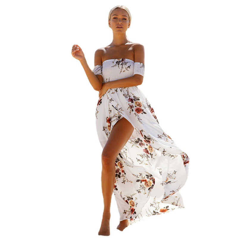 Damen Off-Shoulder Strandkleid mit floralem Muster und fließendem Schnitt EB