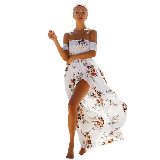 Damen Off-Shoulder Strandkleid mit floralem Muster und fließendem Schnitt EB
