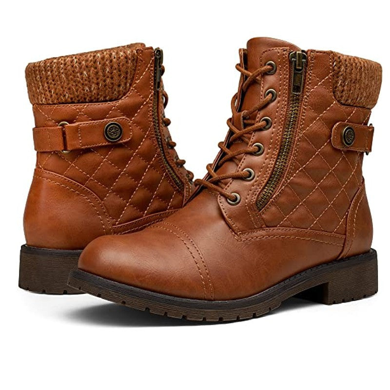 Damen nan gequiltete Schnür-Bikerboots mit seitlichem Reißverschluss, gepolstertem Schaft und robustem Profilsohle EB