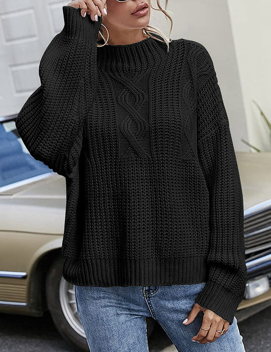 Damen lässiger Strickpullover mit tiefem Rundhalsausschnitt und lockerer Passform EB