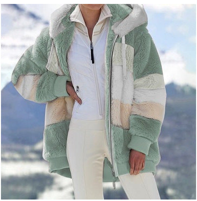 Damen Modische und warme Fleecejacke mit Kapuze und blockartigem Design EB