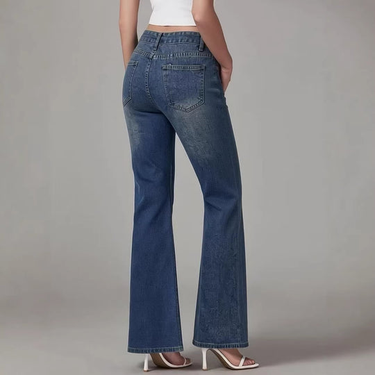 Damen nan High‑Waist Schlagjeans mit Distressed-Kniepartie und strukturierter Denim-Optik EB