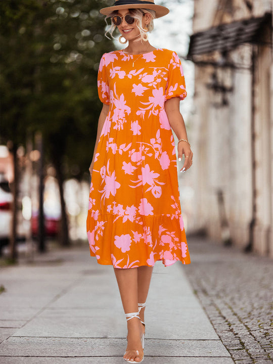 Damen Fließendes Maxikleid mit floralem Design und voluminösen Ärmeln EB