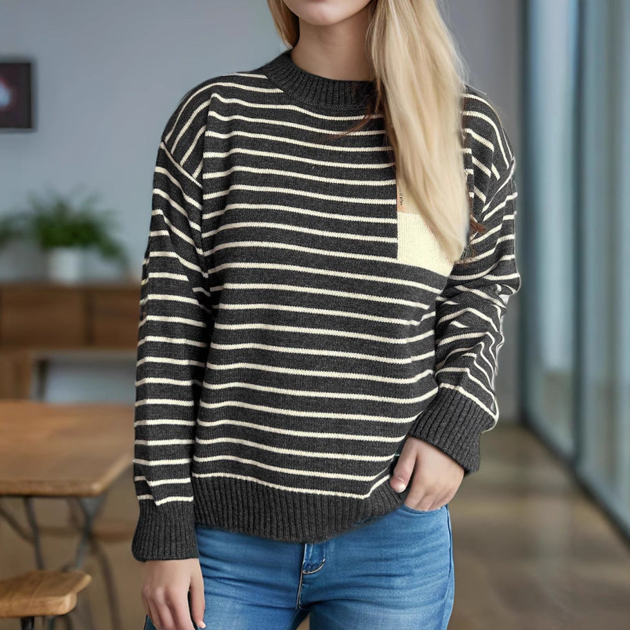 Damen lässiger Strickpullover mit breitem Streifenmuster und überschnittenen Schultern EB