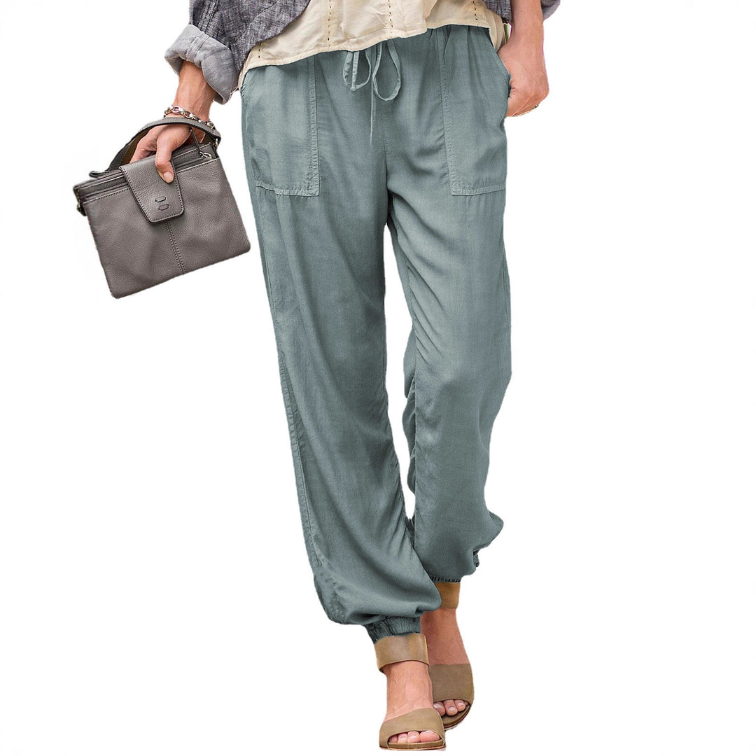 Damen nan lässige Leinenoptik Jogginghose mit Tunnelzug, aufgesetzten Taschen und elastischen Bündchen EB