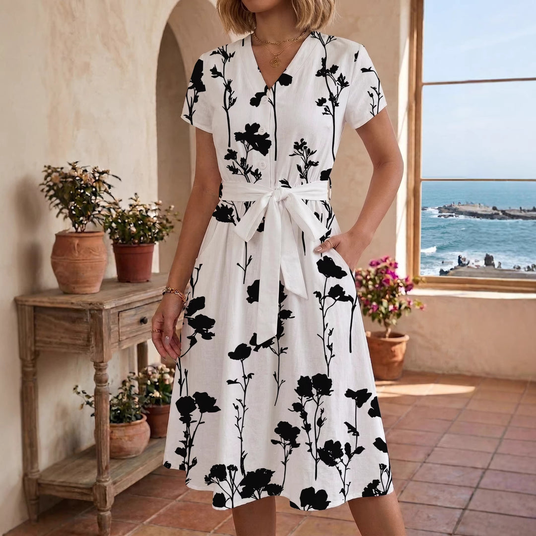 Damen Blühendes Midikleid mit taillierbarem Gürtel und kunstvollem Print EB