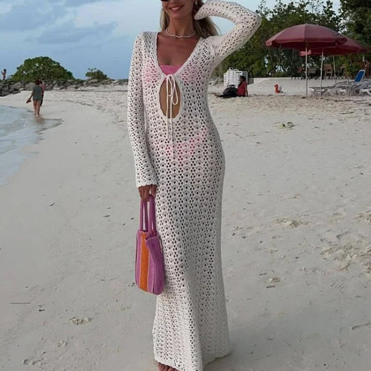 Damen Elegantes gehäkeltes Strandkleid mit tiefem V-Ausschnitt und luftiger Struktur EB