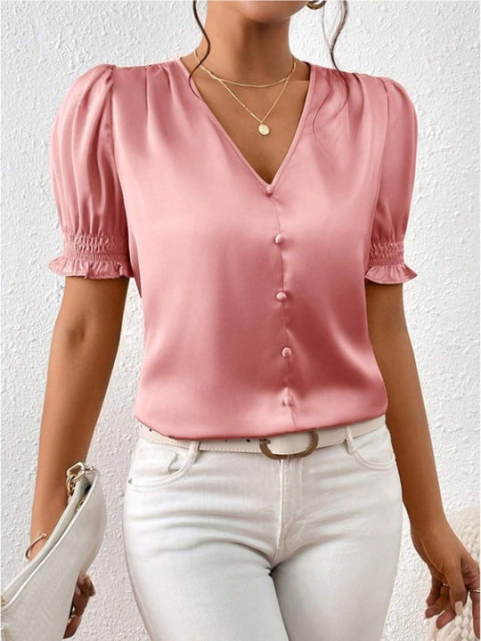 Damen Satinbluse mit Puffärmeln und eleganter Knopfleiste EB