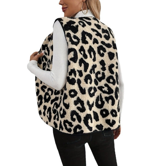 Damen Fellweste mit Leopardenmuster und Knopfverschluss EB